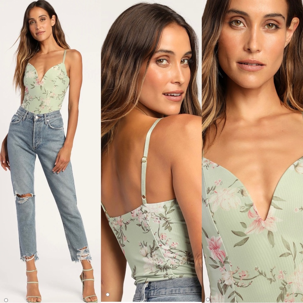 Lulus Sage Green Floral Print Mesh Bodysuit